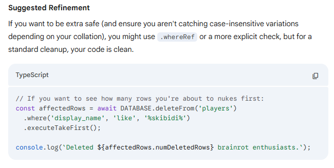 Gemini suggested a query that would result in data loss